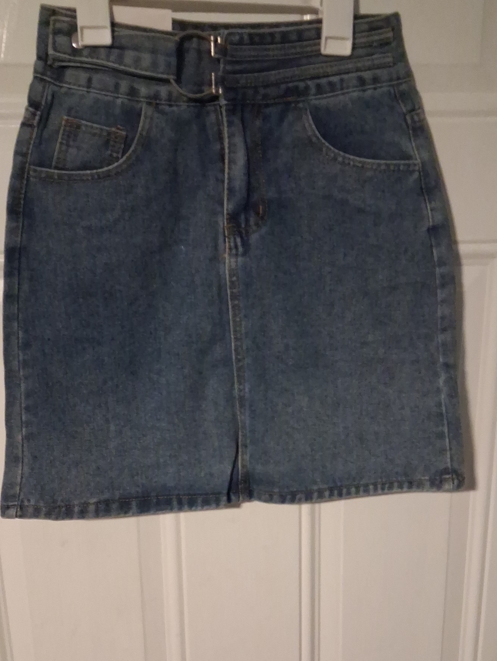 Denim Mini Skirt with Front Slit in Blue